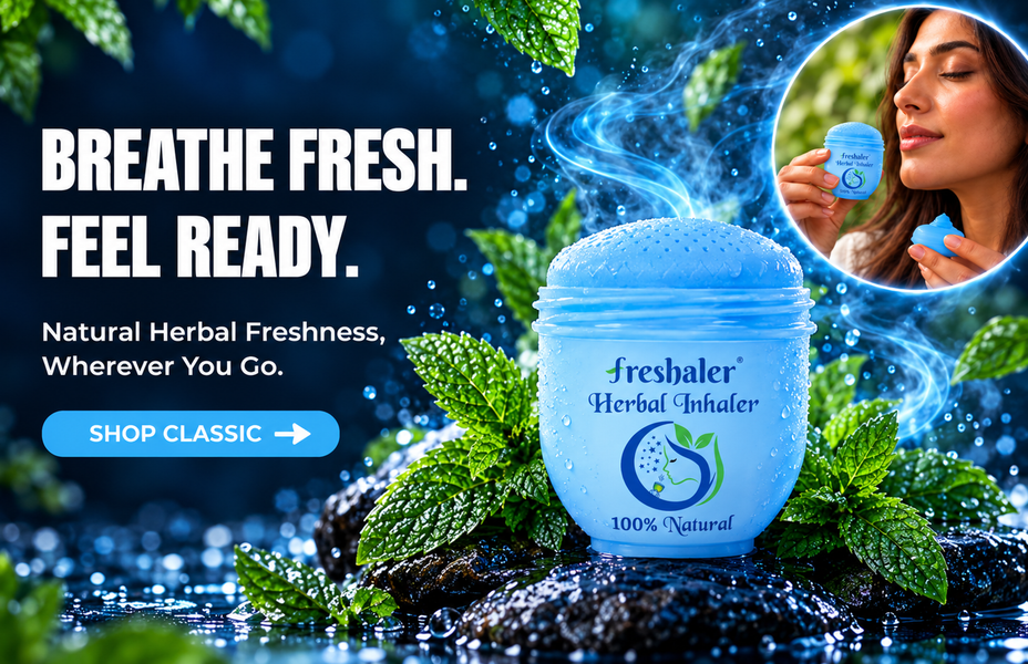 Woman using Freshaler Classic Herbal Inhaler with mint leaves and a refreshing botanical background
