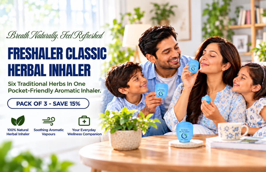 Freshaler Classic Herbal Inhaler with a family enjoying its refreshing herbal aroma at home